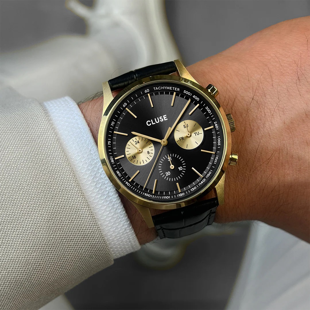 CLUSE Anthéor Multifunction Black Dial 42mm Gold Stainless Steel Black Leather Strap CW21004 - 4