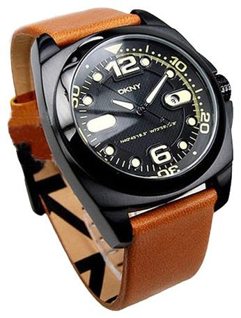 DKNY Three Hands 43mm Black Stainless Steel Brown Leather Strap NY1435 - 