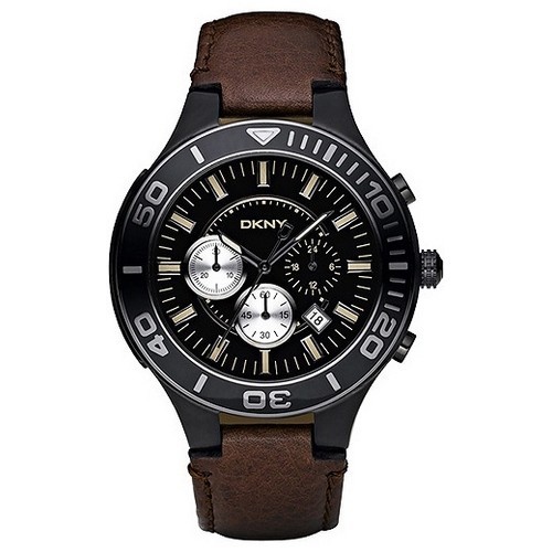 DKNY Chronograph 45mm Black Stainless Steel Brown Leather Strap NY1455 - 