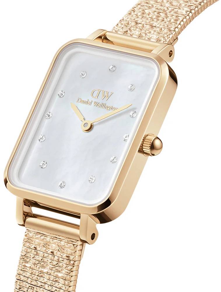 DANIEL WELLINGTON  Quadro Lumine Pressed Piano White Pearl Dial 20 x 26mm Gold Stainless Steel Mesh Bracelet DW00100582 - 