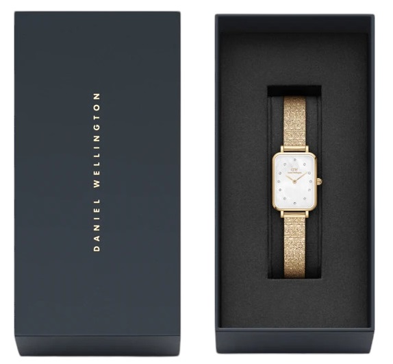 DANIEL WELLINGTON  Quadro Lumine Pressed Piano White Pearl Dial 20 x 26mm Gold Stainless Steel Mesh Bracelet DW00100582 - 4