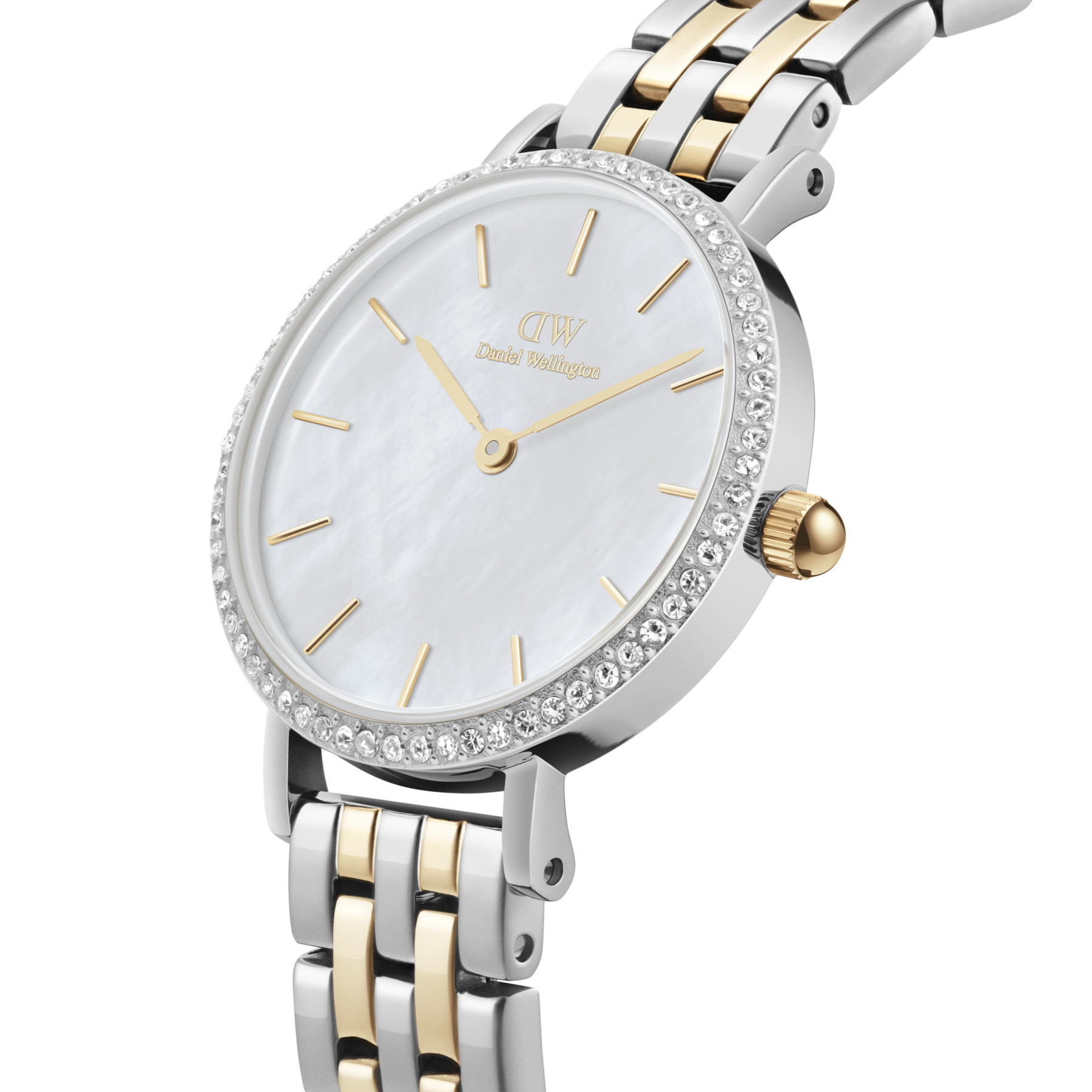 DANIEL WELLINGTON Quadro Lumine Bezel Crystlas White Pearl Dial 28mm Two Tone Gold Stainless Steel Bracelet DW00100665 - 