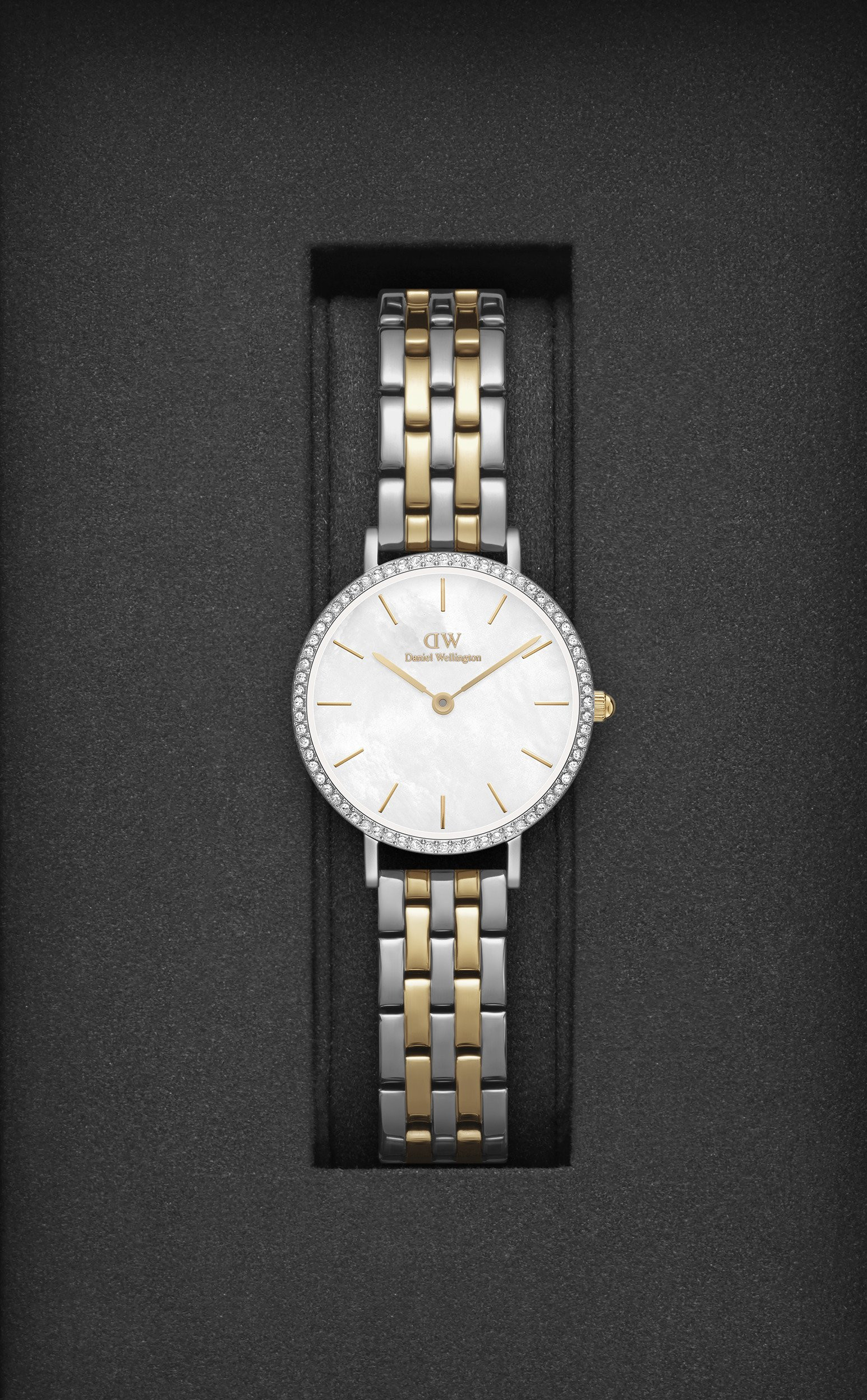 DANIEL WELLINGTON Quadro Lumine Bezel Crystlas White Pearl Dial 28mm Two Tone Gold Stainless Steel Bracelet DW00100665 - 6