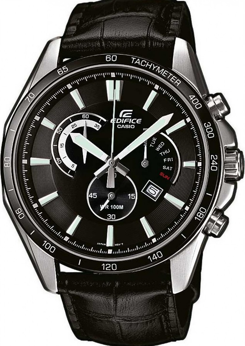 CASIO Edifice Chronograph 45mm Silver Stainless Steel Black Leather Strap EFR-510L-1AV - 