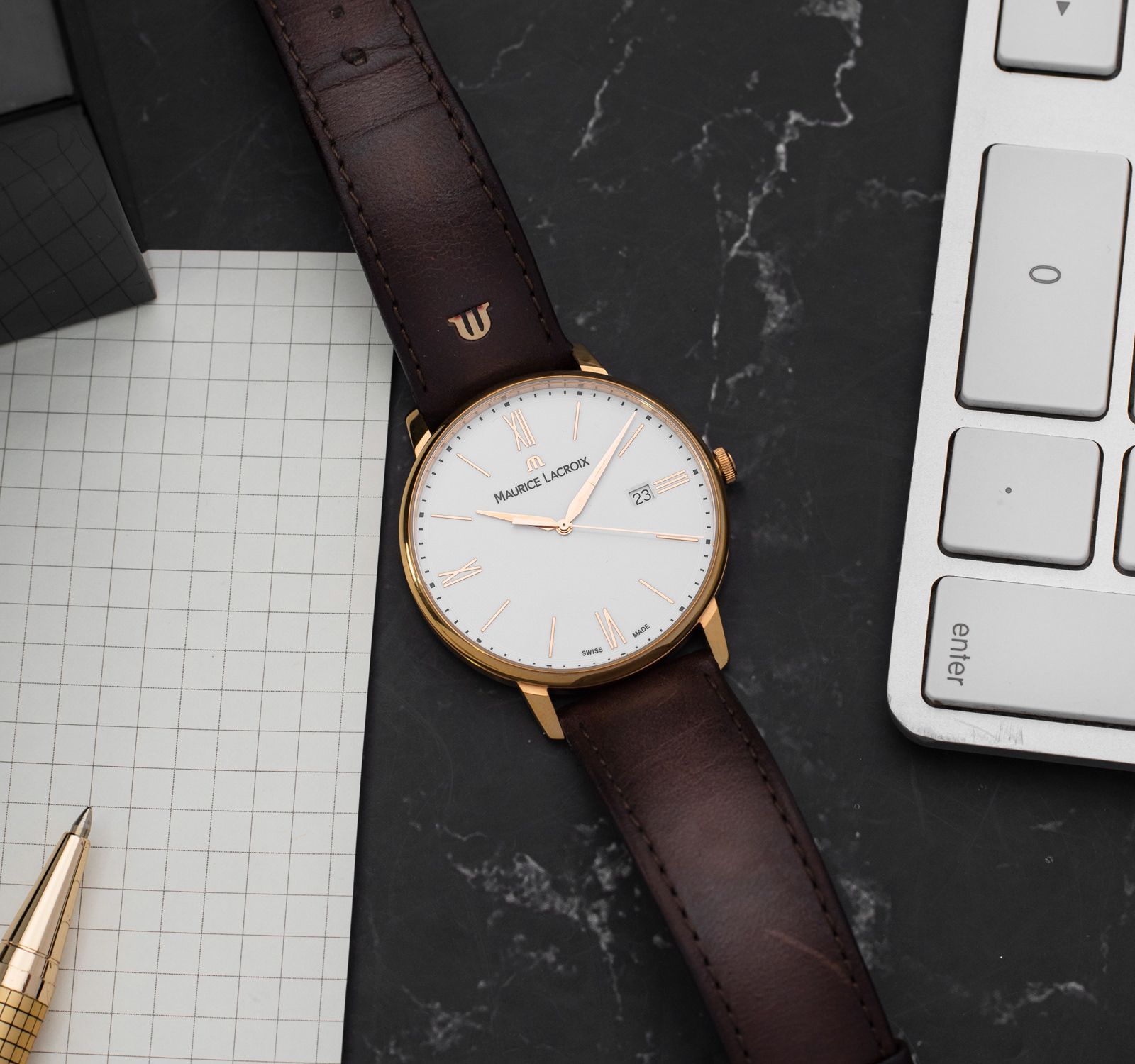 MAURICE LACROIX Eliros 40mm Rose Gold Stainless Steel Brown Leather Strap EL1118-PVP01-112-1 - 3