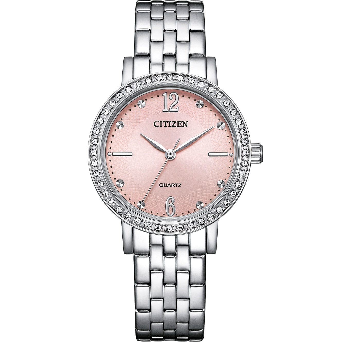 CITIZEN Lady's Elegant Crystals Collection Quartz Pink Dial 31.2mm Silver Stainless Steel Bracelet EL3100-55W - 