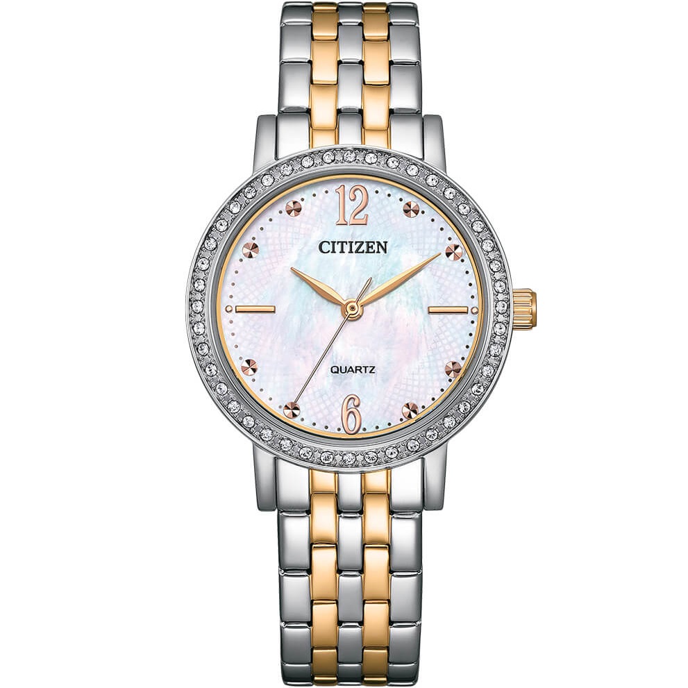 CITIZEN Lady's Elegant Crystals Collection Quartz White Pearl Dial 31.2mm Two Tone Gold Stainless Steel Bracelet EL3106-59D - 