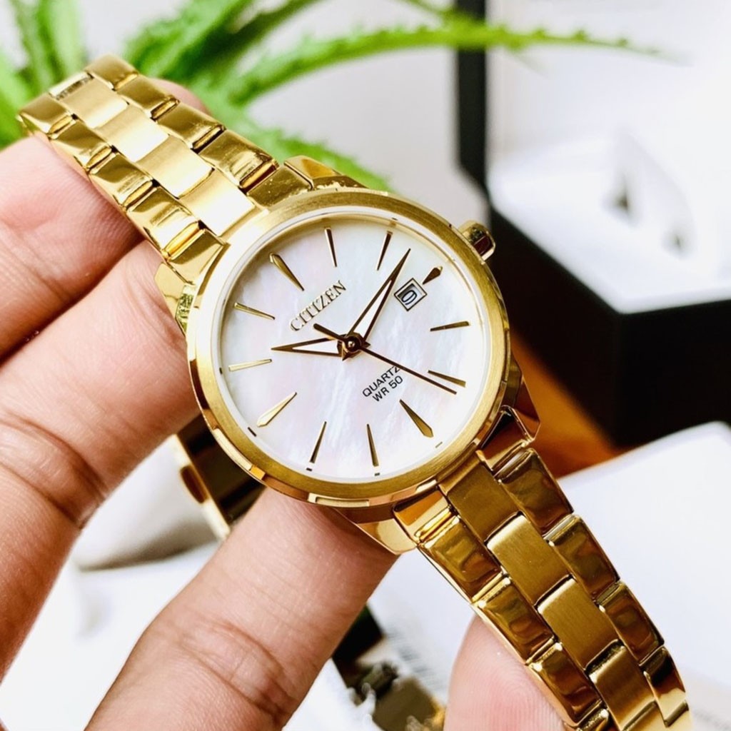 CITIZEN Elegance White Pearl Dial 28mm Gold Stainless Steel Bracelet EU6072-56D - 