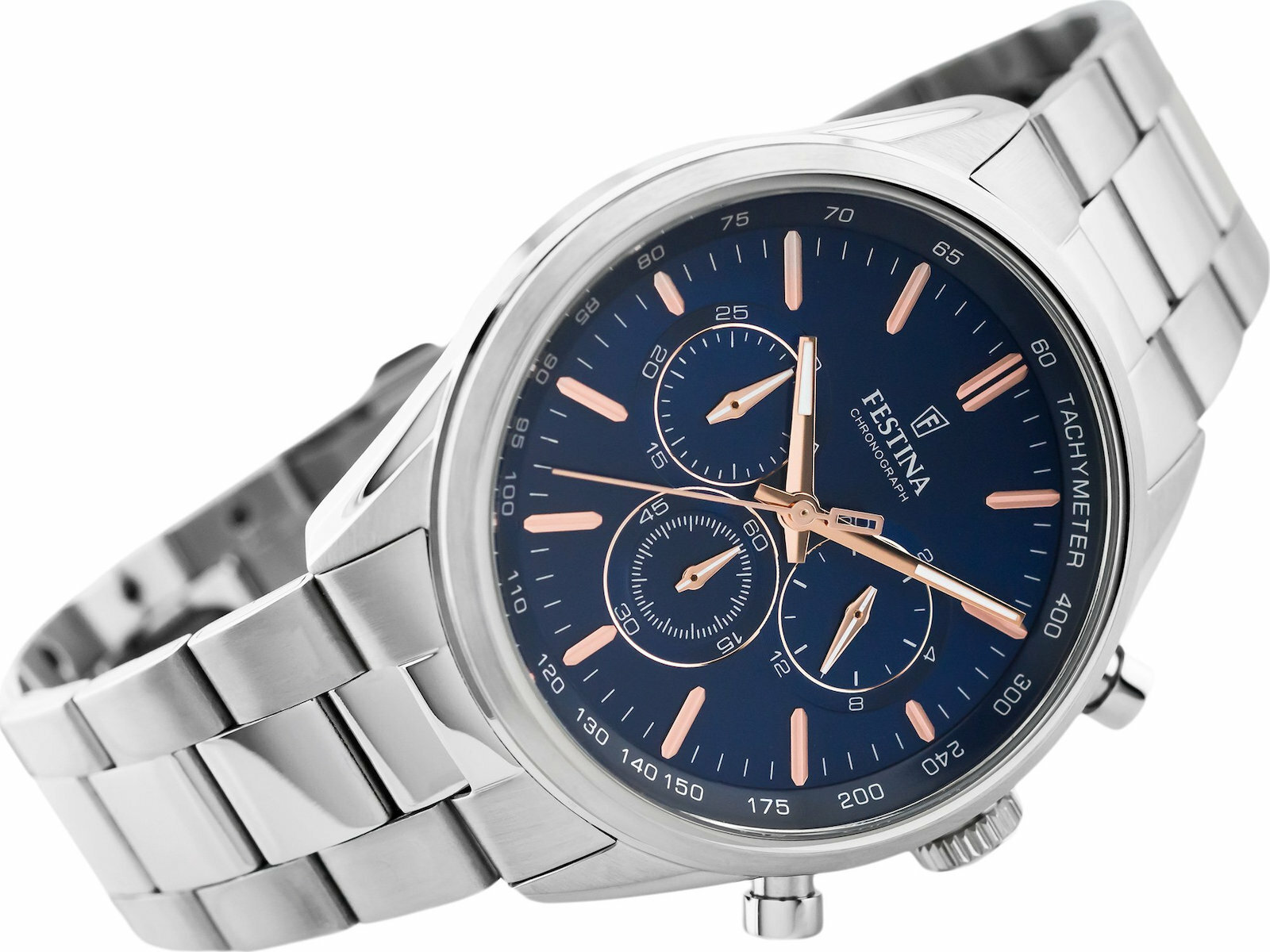 FESTINA Timeless Chronograph Blue Rose Gold Dial 43.5mm Silver Stainless Steel Bracelet F16820/A - 