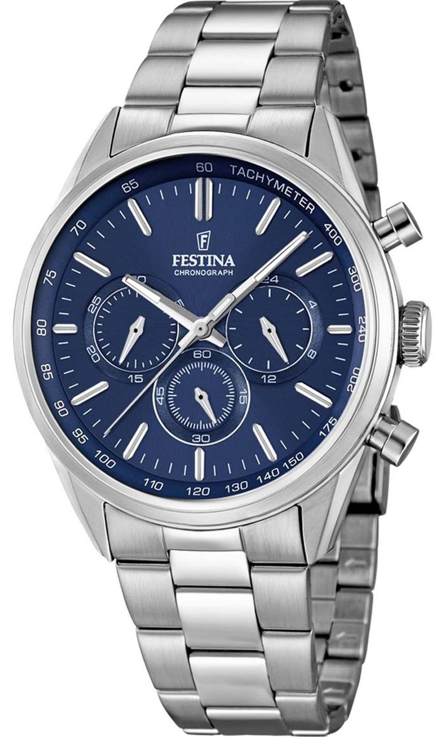 FESTINA Timeless Chronograph Blue Dial 43.5mm Silver Stainless Steel Bracelet F16820/2 - 