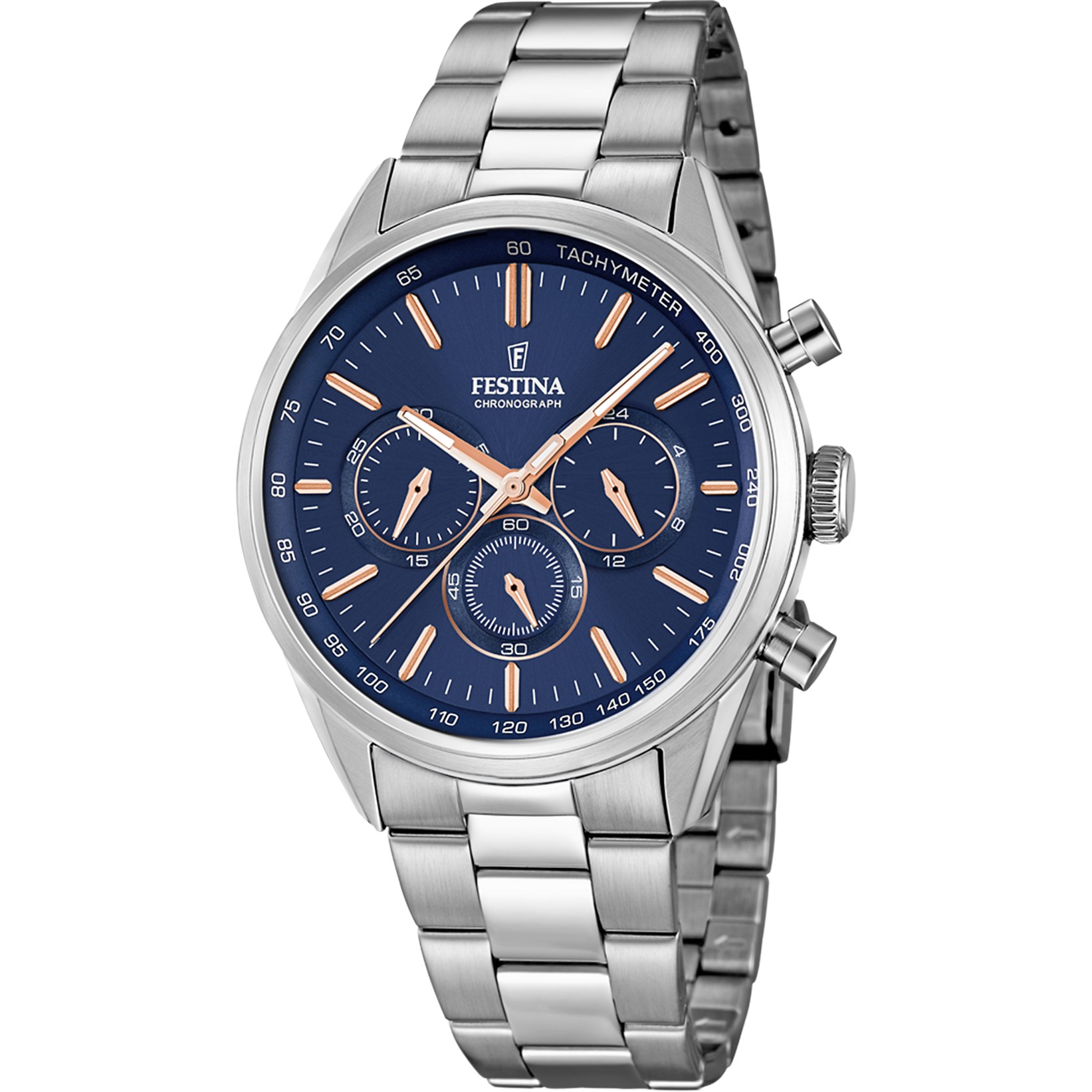 FESTINA Timeless Chronograph Blue Rose Gold Dial 43.5mm Silver Stainless Steel Bracelet F16820/A - 