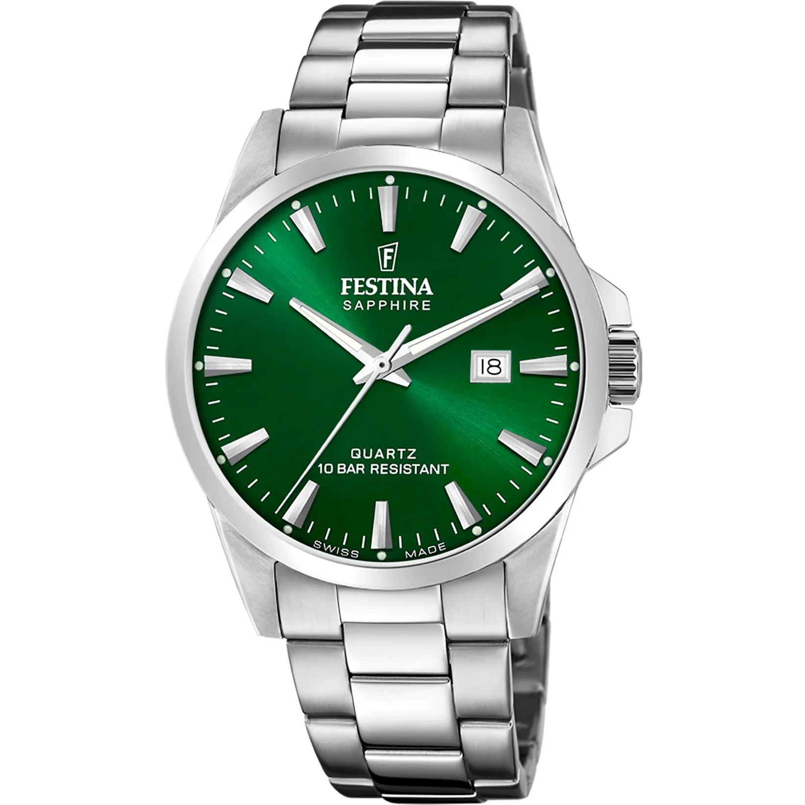 FESTINA Swiss Classic Green Dial 41mm Silver Stainless Steel Bracelet F20024/6 - 