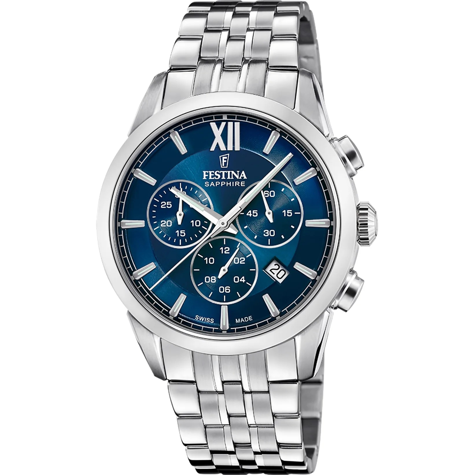 FESTINA Swiss Made Chrono Blue Dial 41mm Silver Stainless Steel Bracelet F20040/2 - 