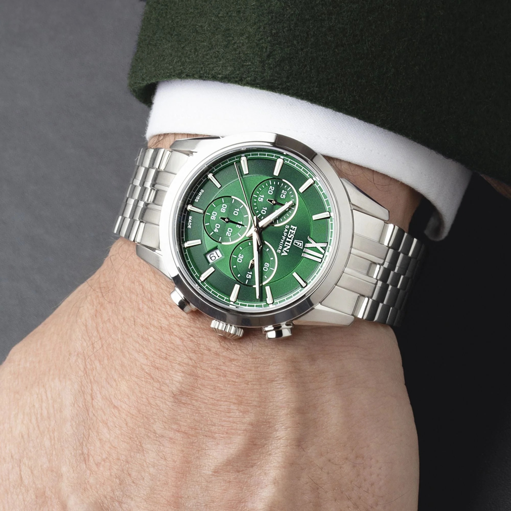 FESTINA Swiss Made Chrono Green Dial 41mm Silver Stainless Steel Bracelet F20040/3 - 4