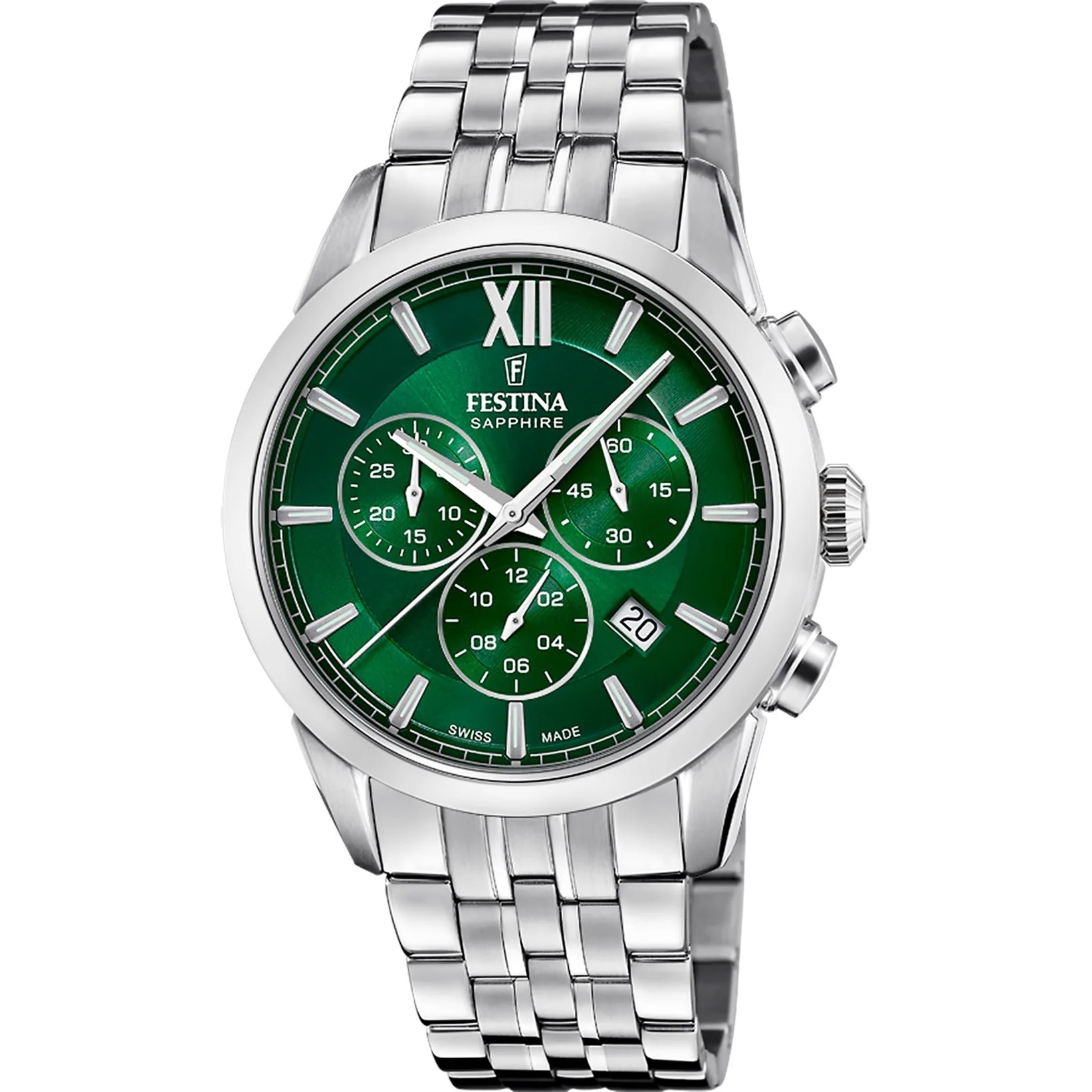 FESTINA Swiss Made Chrono Green Dial 41mm Silver Stainless Steel Bracelet F20040/3 - 1