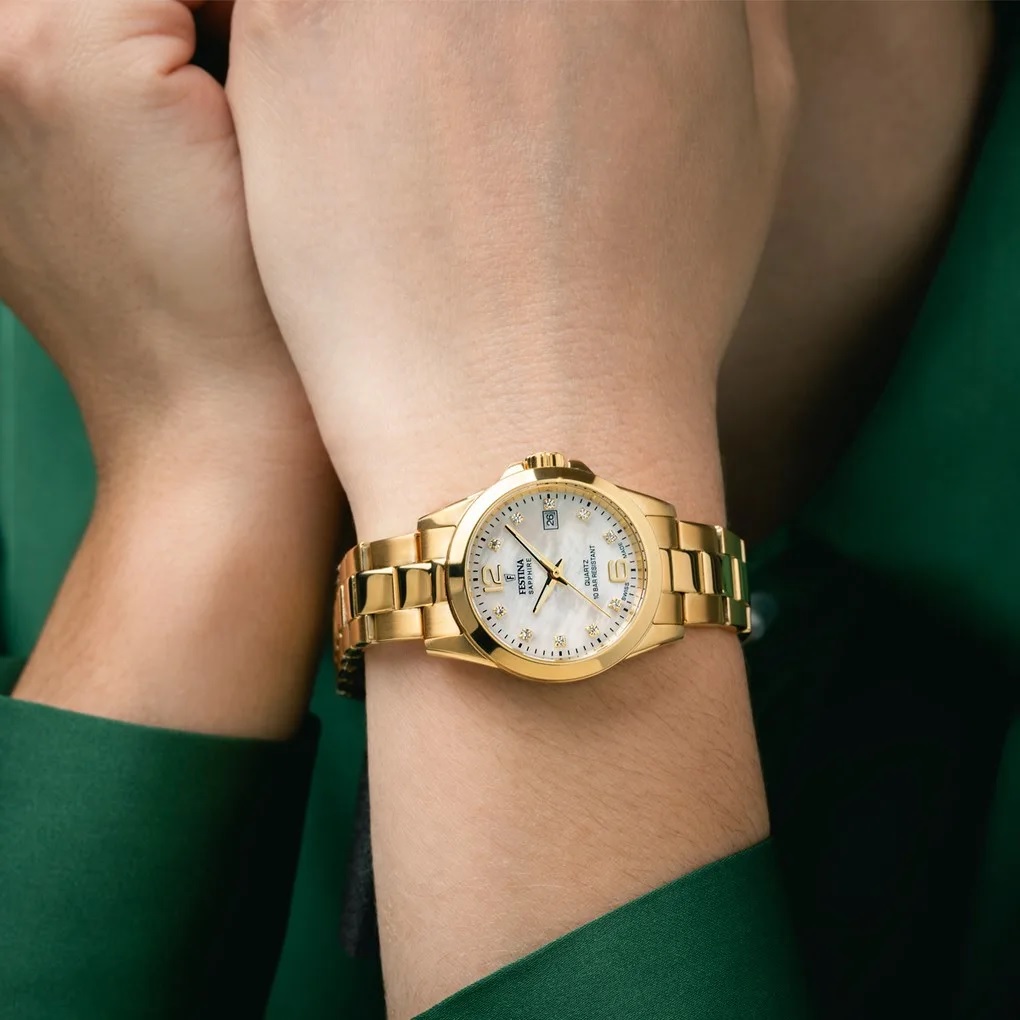FESTINA Swiss Women's Classic White Pearl Dial with Crystals 29.5mm Gold Stainless Steel Bracelet F20050/1 - 