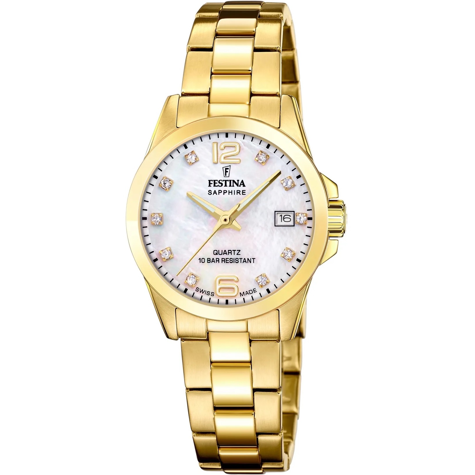 FESTINA Swiss Women's Classic White Pearl Dial with Crystals 29.5mm Gold Stainless Steel Bracelet F20050/1 - 