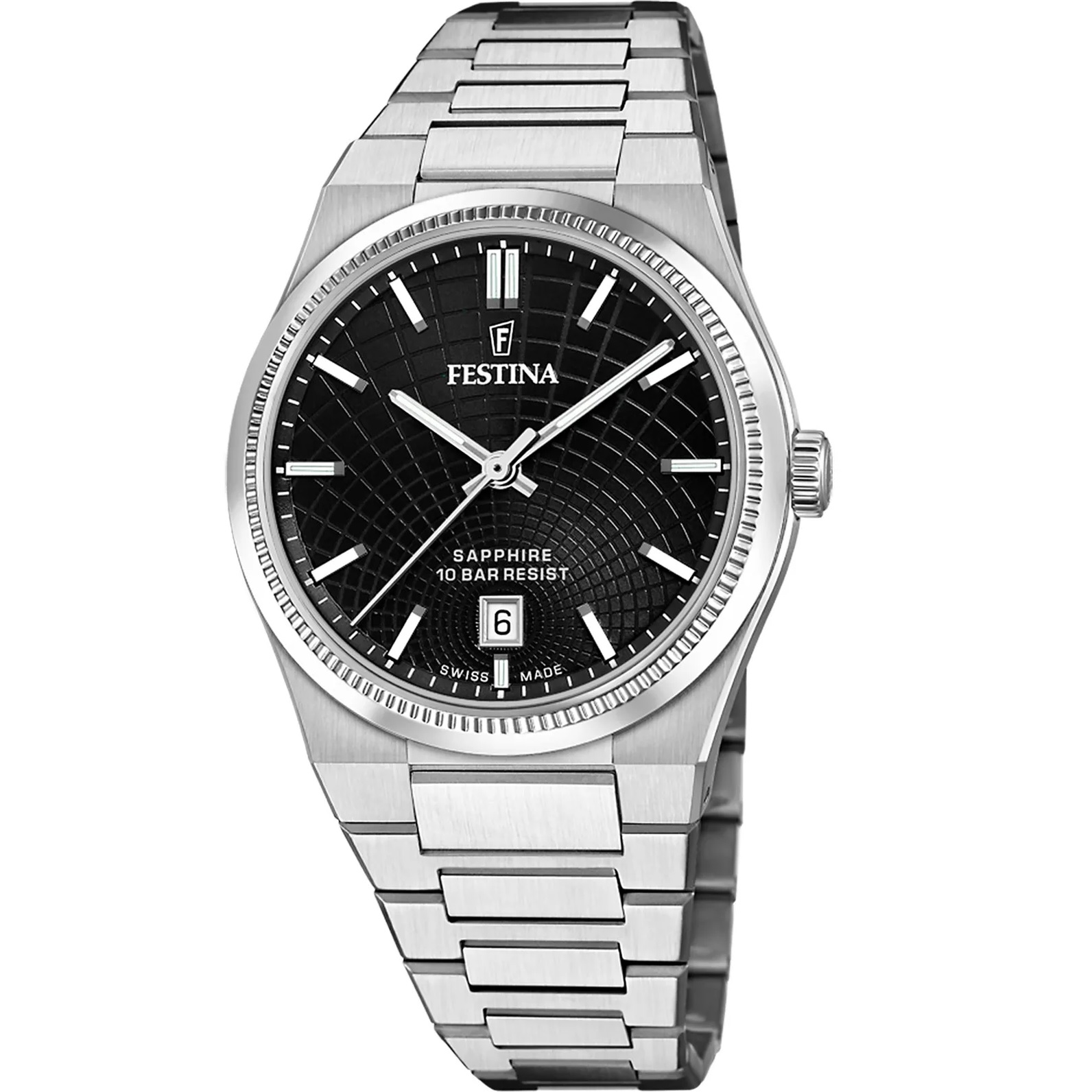 FESTINA Swiss Made Rivé Black Dial 40mm Silver Stainless Steel Bracelet F20051/6 - 