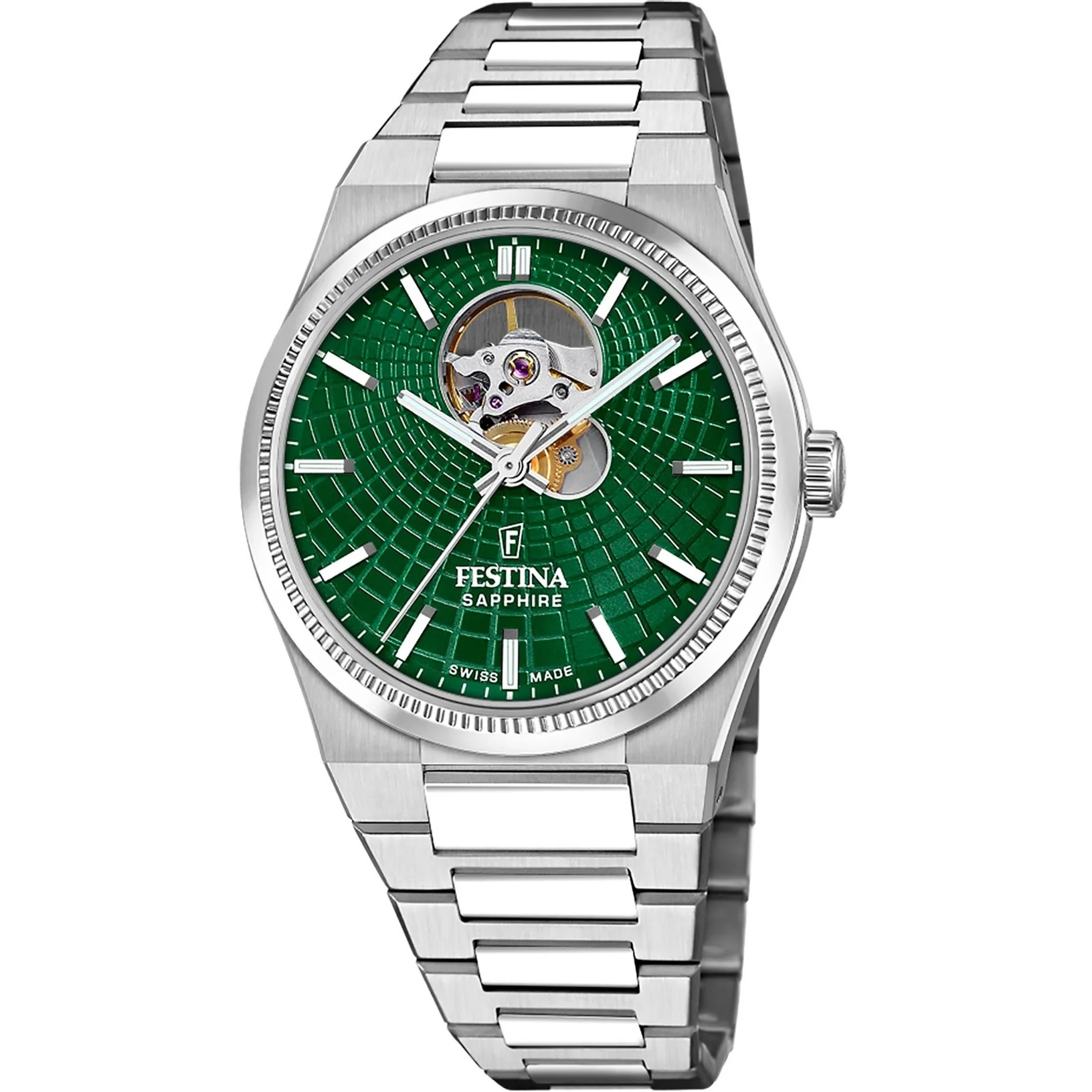 FESTINA Swiss Made Rivé Open Heart Automatic Green Dial 40mm Silver Stainless Steel Bracelet F20053/3 - 
