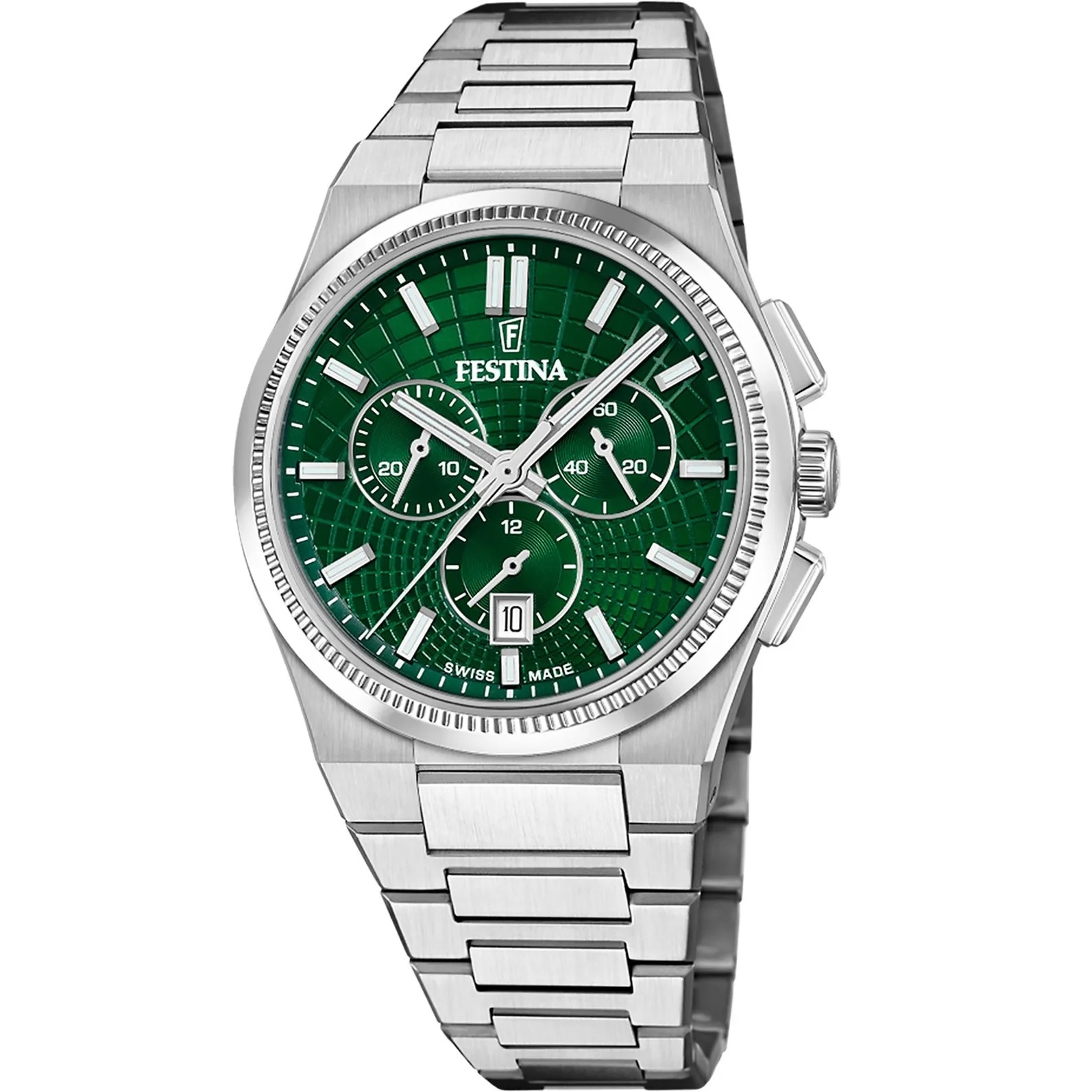 FESTINA Swiss Made Rivé Chrono Green Dial 42.5mm Silver Stainless Steel Bracelet F20059/3 - 