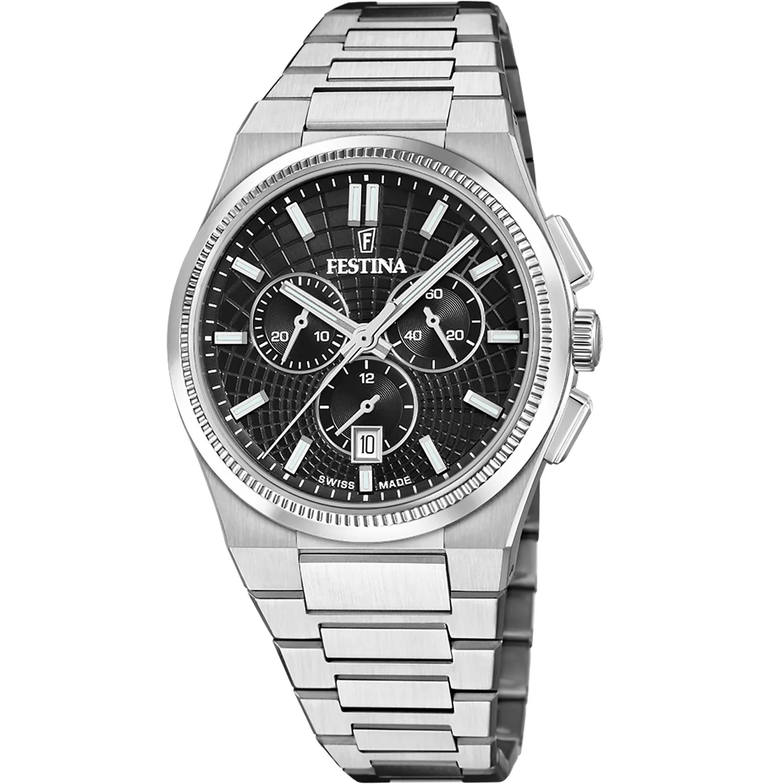FESTINA Swiss Made Rivé Chrono Black Dial 42.5mm Silver Stainless Steel Bracelet F20059/4 - 