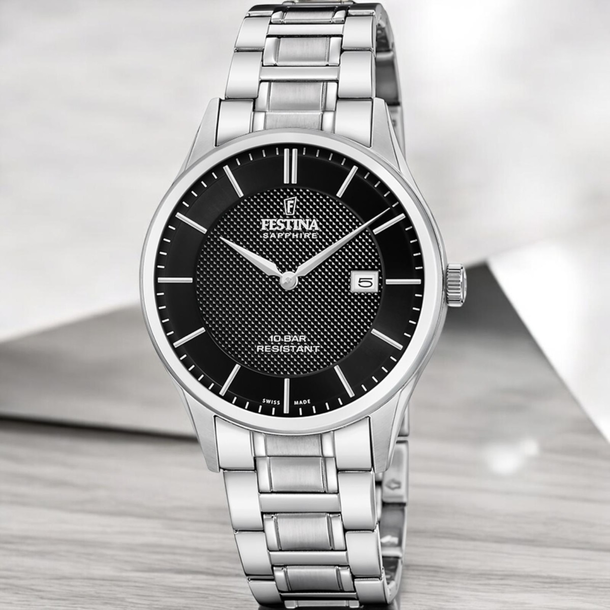 FESTINA Swiss Men's Classic Black Dial 40mm Silver Stainless Steel Bracelet F20067/6 - 