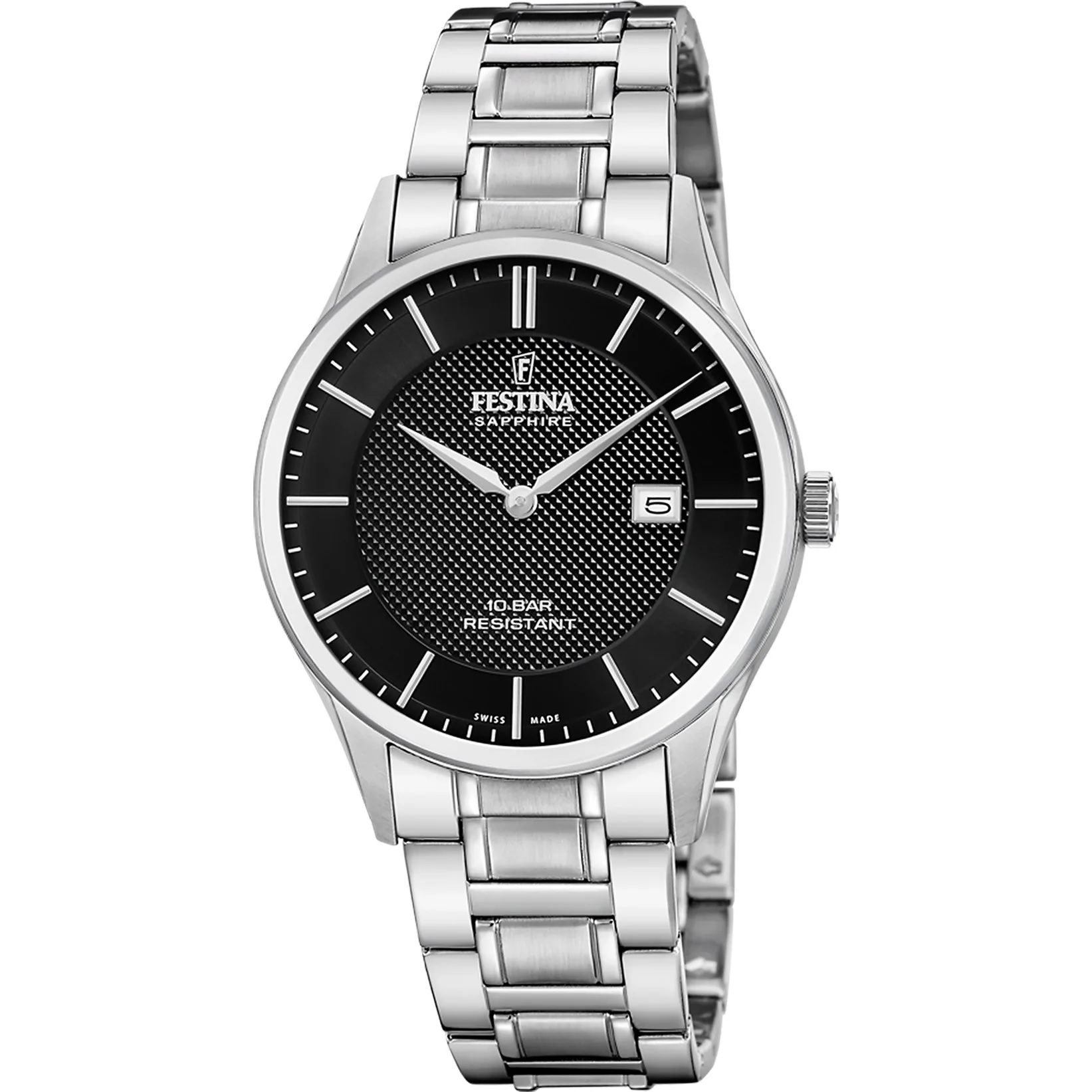 FESTINA Swiss Men's Classic Black Dial 40mm Silver Stainless Steel Bracelet F20067/6 - 