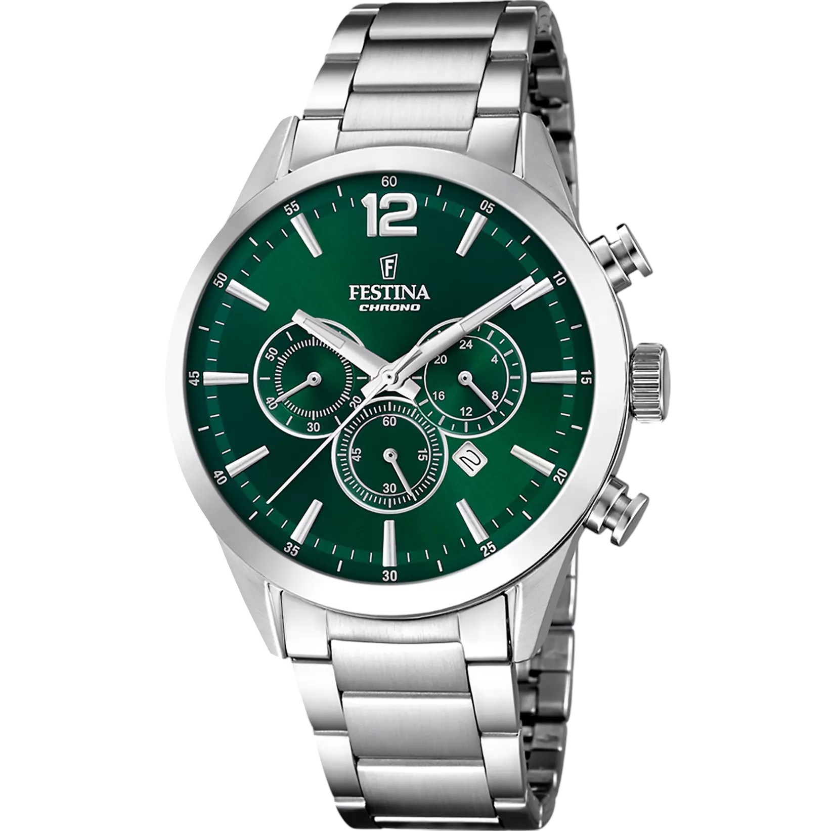 FESTINA Timeless Chronograph Green Dial 43.5mm Silver Stainless Steel Bracelet F20343/B - 