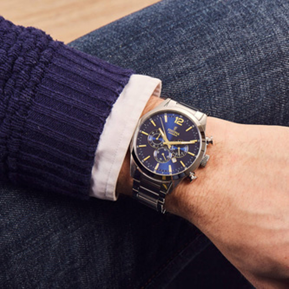 FESTINA Timeless Chronograph Blue Dial 43.5mm Silver Stainless Steel Bracelet F20343/2 - 