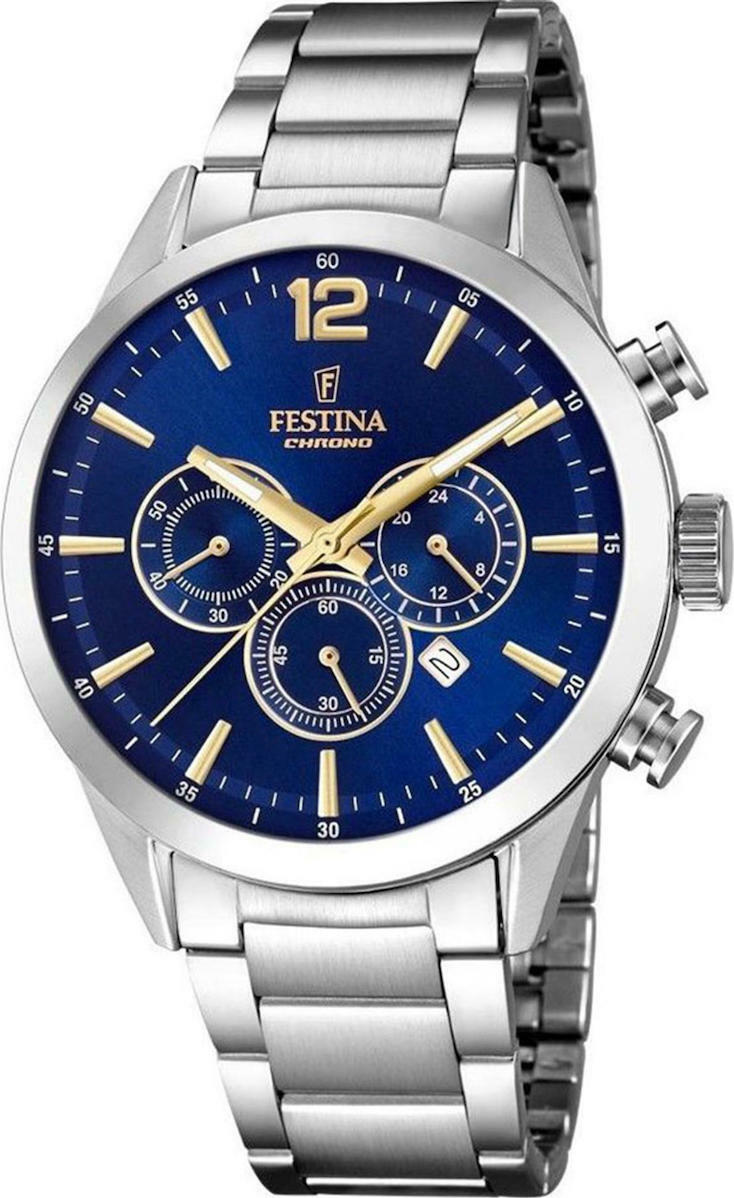 FESTINA Timeless Chronograph Blue Dial 43.5mm Silver Stainless Steel Bracelet F20343/2 - 