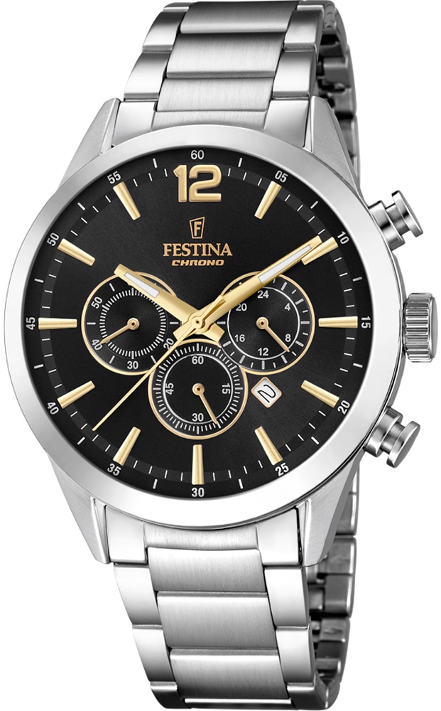 FESTINA Timeless Chronograph Black Dial 43.5mm Silver Stainless Steel Bracelet F20343/4 - 