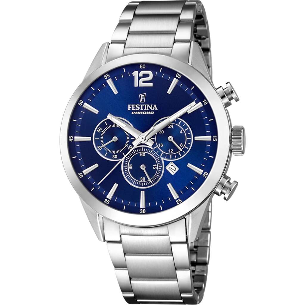 FESTINA Timeless Chronograph Blue Dial 43.5mm Silver Stainless Steel Bracelet F20343/7 - 