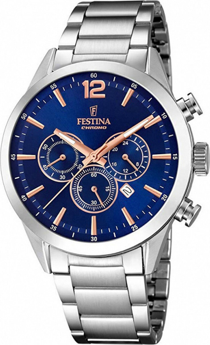 FESTINA Timeless Chronograph Blue Dial 43.5mm Silver Stainless Steel Bracelet F20343/9 - 