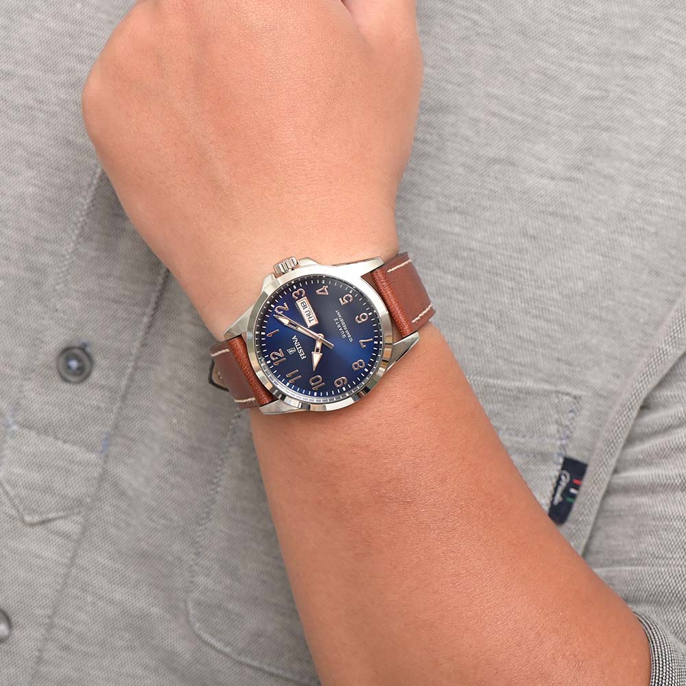 FESTINA Classic Blue Dial 41mm Silver Stainless Steel Brown Leather Strap F20358/B - 2