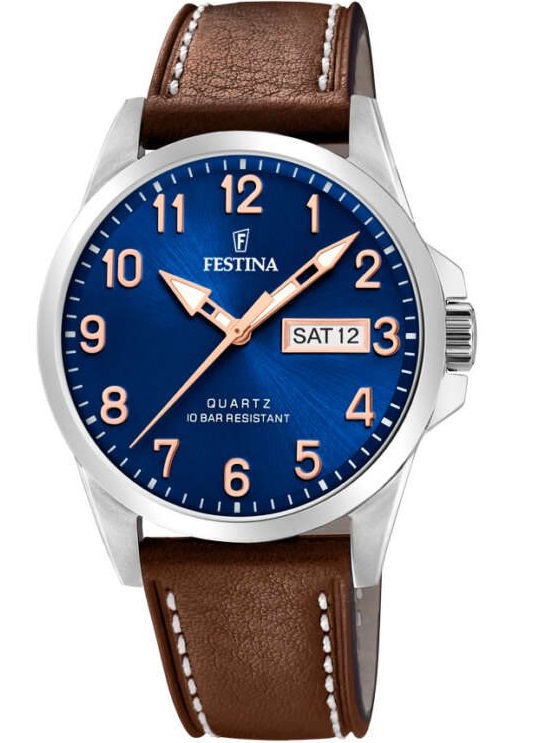 FESTINA Classic Blue Dial 41mm Silver Stainless Steel Brown Leather Strap F20358/B - 1