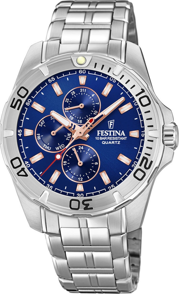 FESTINA Sport Multifunction Blue Rose Gold Dial 43mm Silver Stainless Steel Bracelet F20445/5 - 