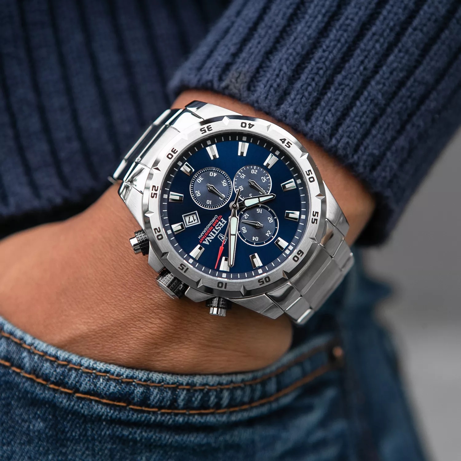 FESTINA Chrono Sport Chronograph Blue Dial 45mm Silver Stainless Steel Bracelet F20463/2 - 