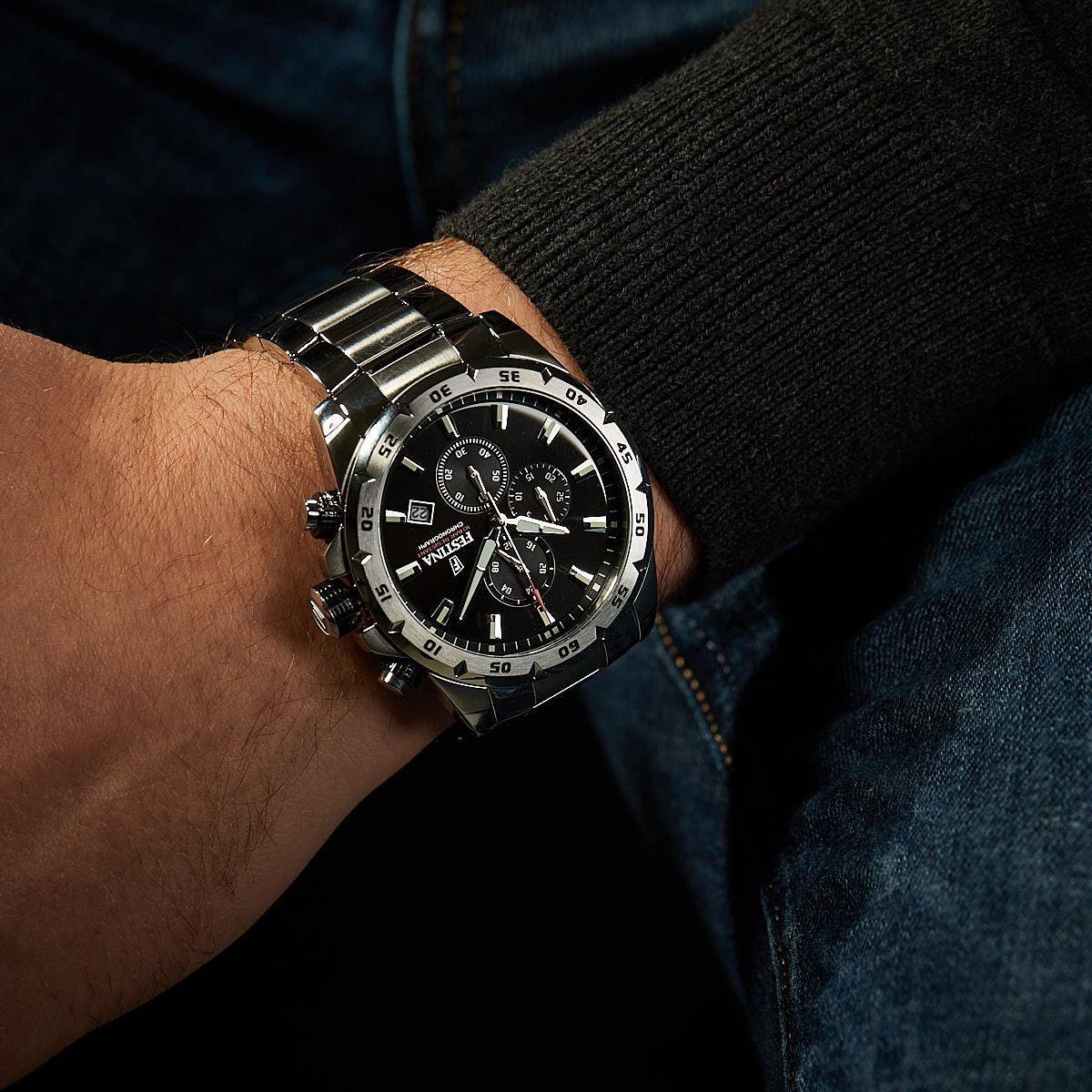 FESTINA Chrono Sport Chronograph Black Dial 45mm Silver Stainless Steel Bracelet F20463/4 - 