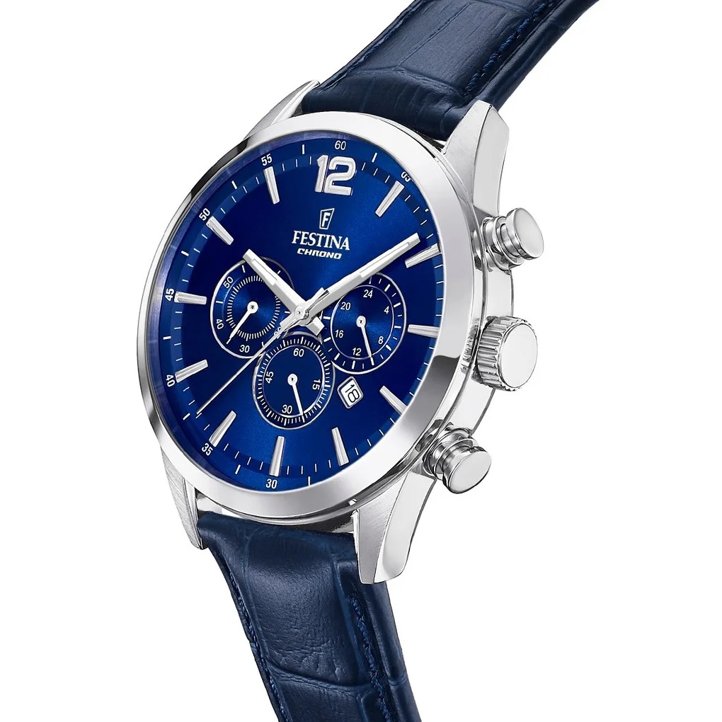 FESTINA Timeless Chronograph Blue Dial 43.5mm Silver Stainless Steel Blue Leather Strap F20542/2 - 