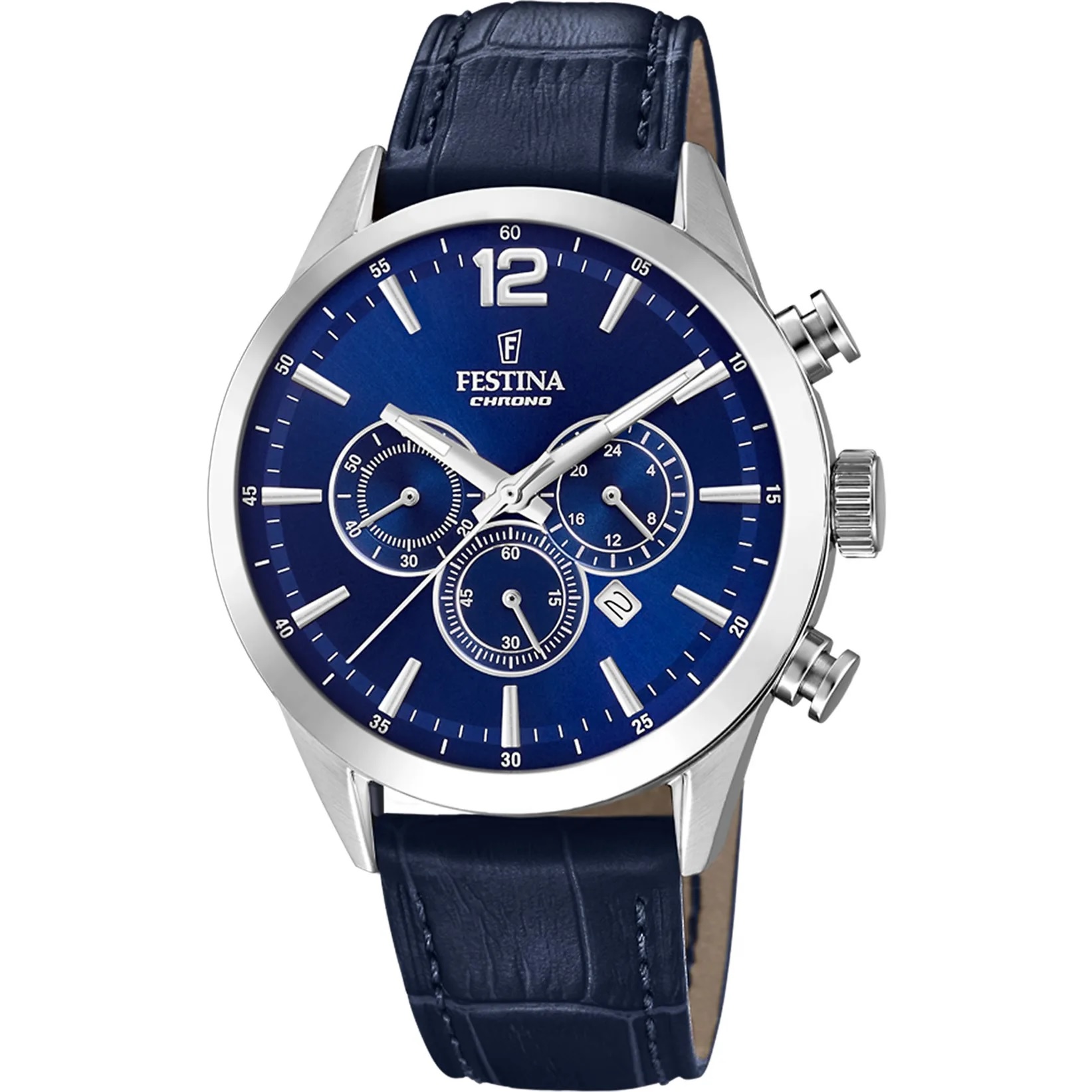 FESTINA Timeless Chronograph Blue Dial 43.5mm Silver Stainless Steel Blue Leather Strap F20542/2 - 