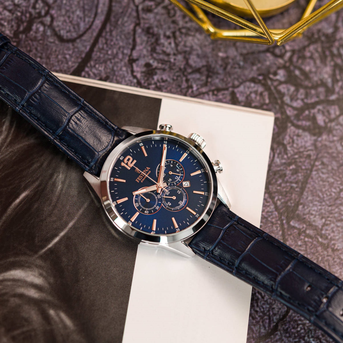 FESTINA Timeless Chronograph Blue Rose Gold Dial 43.5mm Silver Stainless Steel Blue Leather Strap F20542/4 - 3