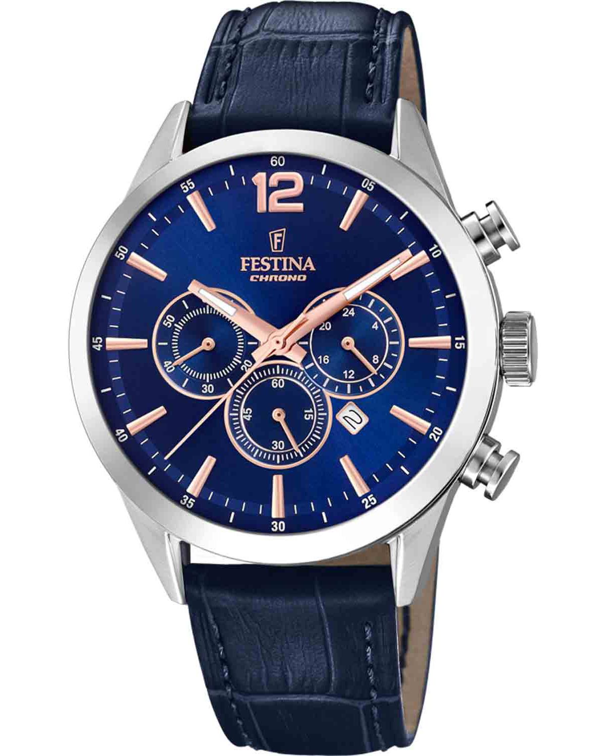 FESTINA Timeless Chronograph Blue Rose Gold Dial 43.5mm Silver Stainless Steel Blue Leather Strap F20542/4 - 