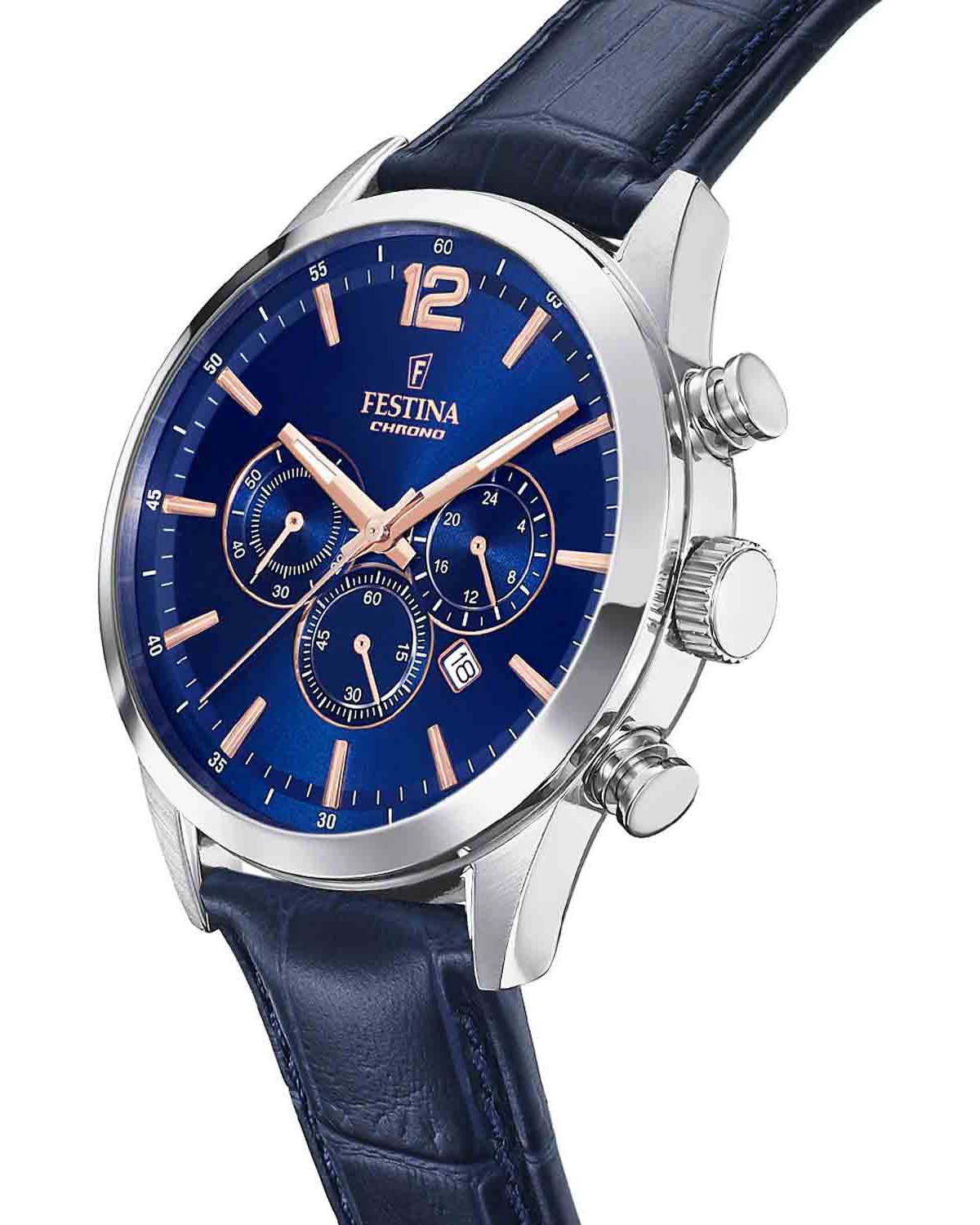 FESTINA Timeless Chronograph Blue Rose Gold Dial 43.5mm Silver Stainless Steel Blue Leather Strap F20542/4 - 