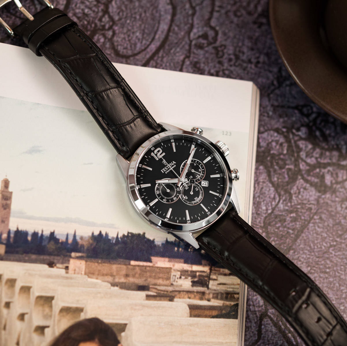 FESTINA Timeless Chronograph Black Dial 43.5mm Silver Stainless Steel Black Leather Strap F20542/5 - 