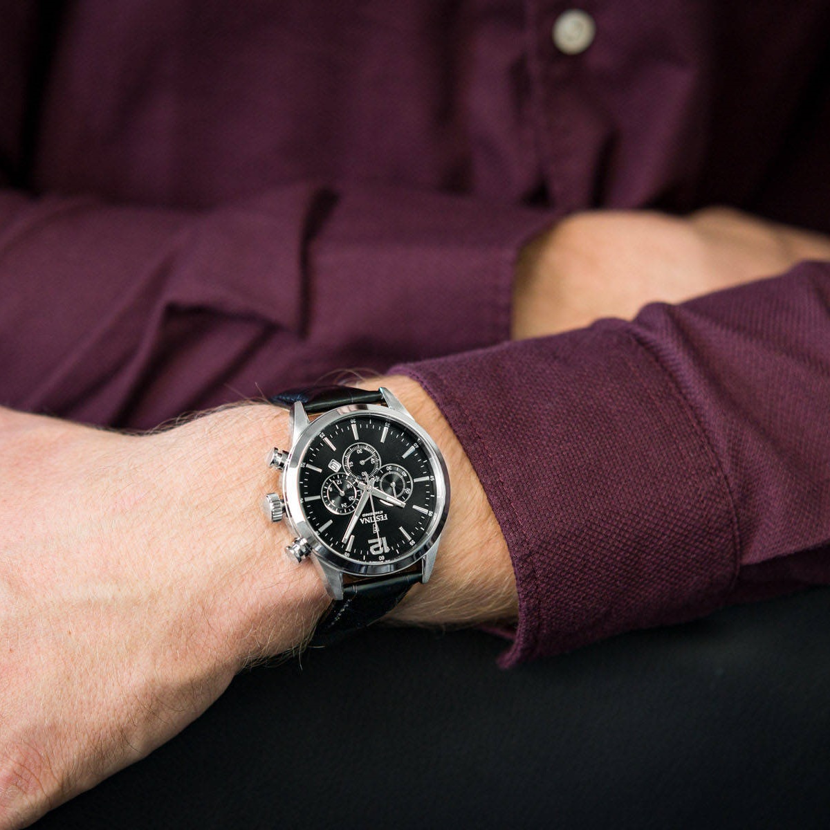 FESTINA Timeless Chronograph Black Dial 43.5mm Silver Stainless Steel Black Leather Strap F20542/5 - 3