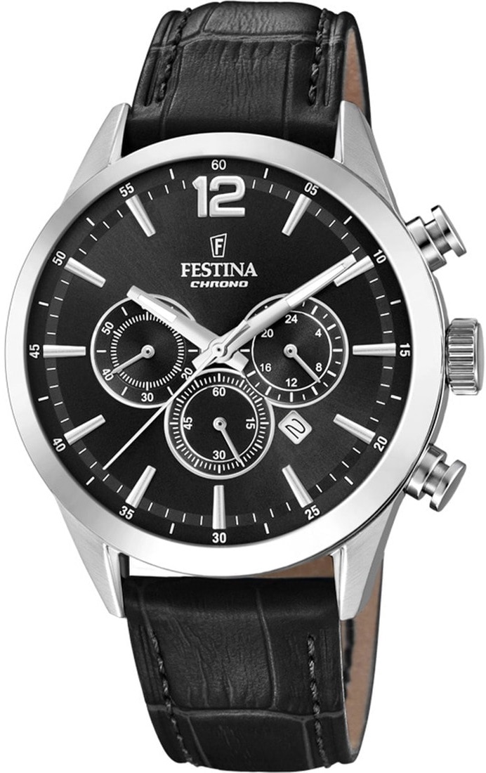FESTINA Timeless Chronograph Black Dial 43.5mm Silver Stainless Steel Black Leather Strap F20542/5 - 