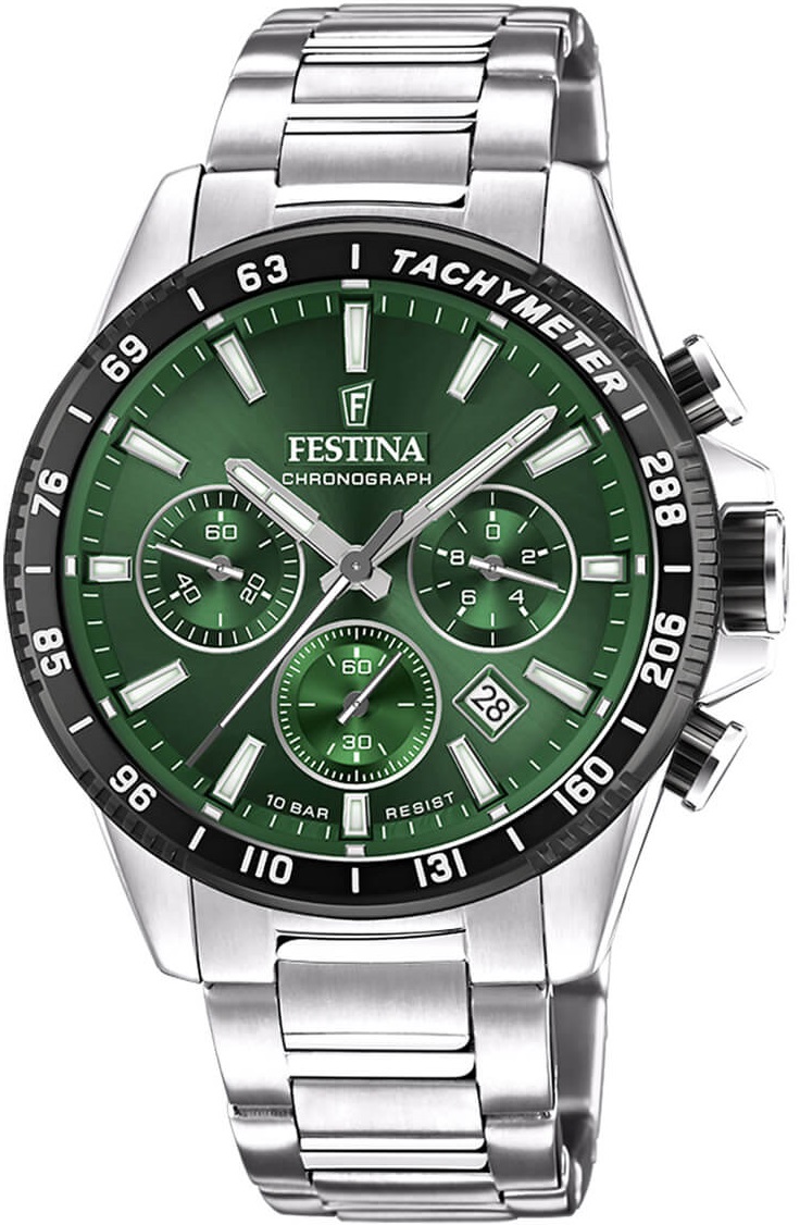 FESTINA Timeless Chronograph Green Dial 45mm Silver Stainless Steel Bracelet F20560/4 - 