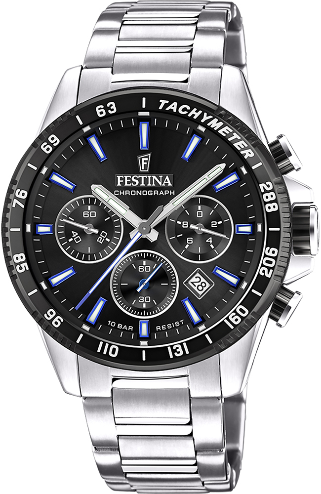 FESTINA Timeless Chronograph Black Dial 45mm Silver Stainless Steel Bracelet F20560/5 - 