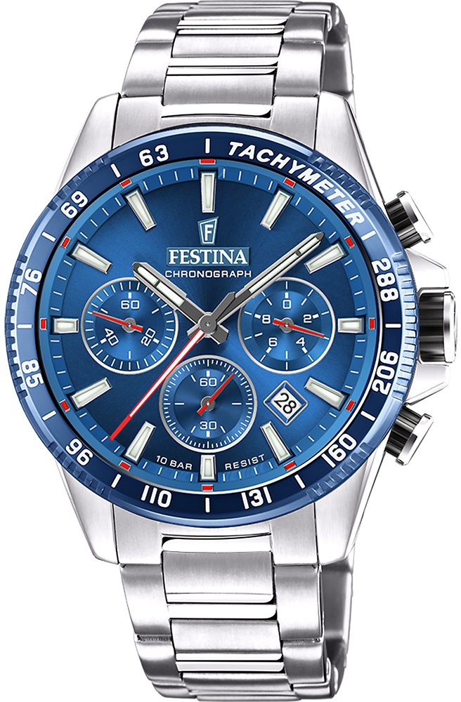 FESTINA Timeless Chronograph Blue Dial 45mm Silver Stainless Steel Bracelet F20560/3 - 