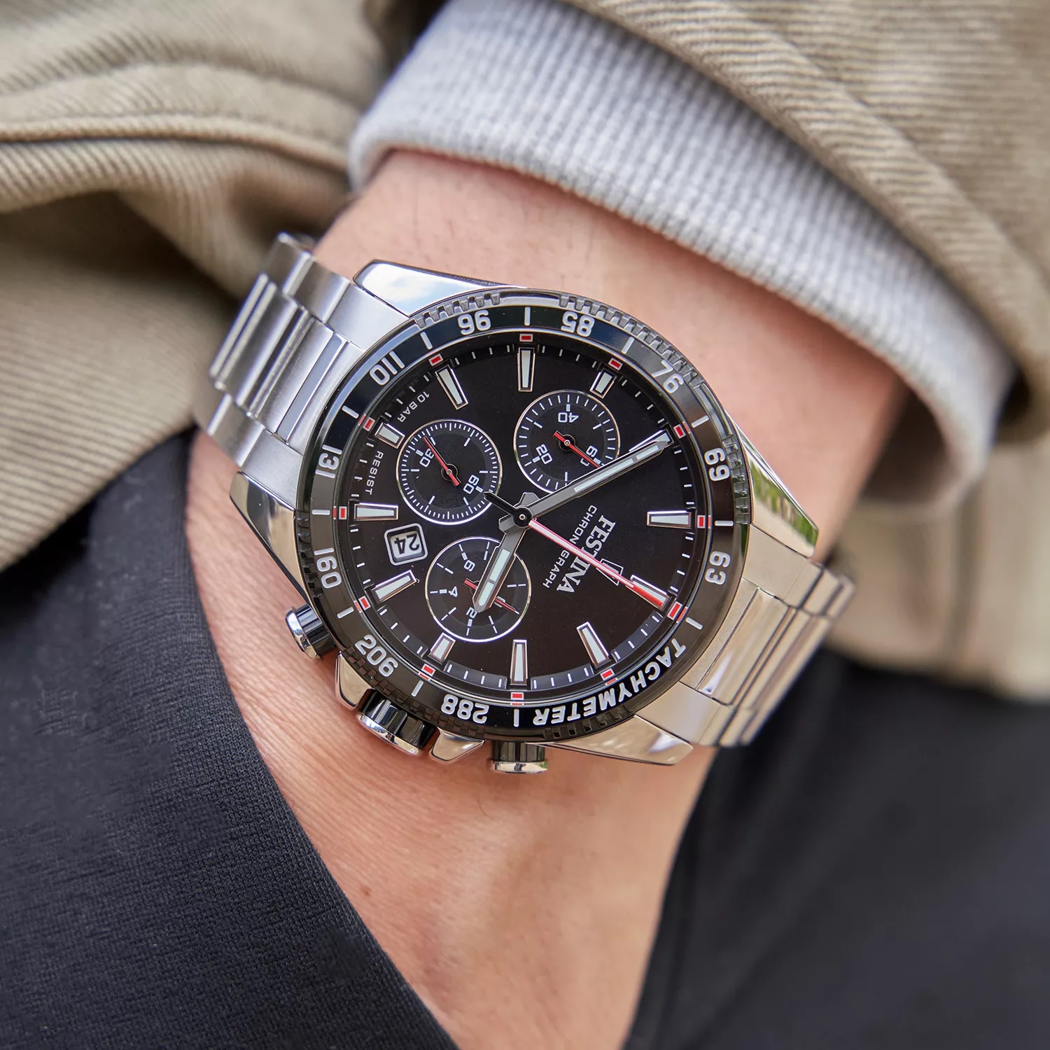 FESTINA Timeless Chronograph Black Dial 45mm Silver Stainless Steel Bracelet F20560/6 - 